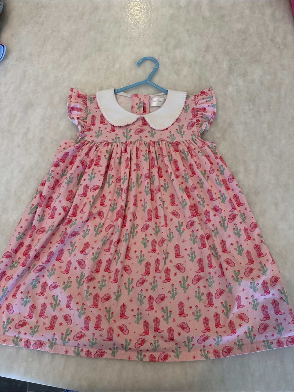 Cecil and Lou Pink Cactus & Cowboy Boot Print Dress with Peter Pan Collar